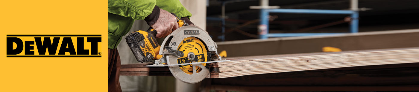 - DeWalt cordless circular saw cutting into wooden slab