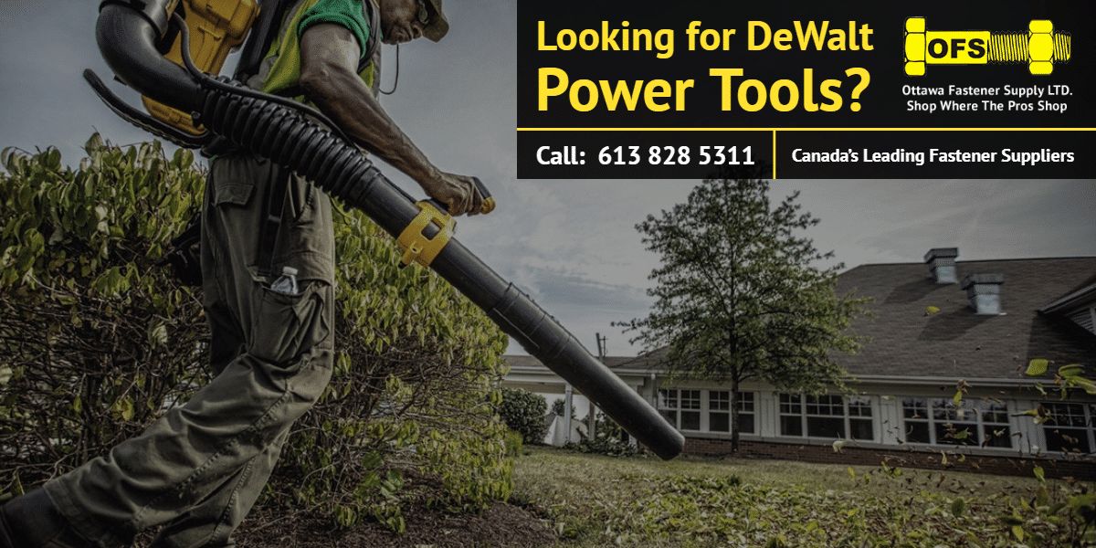 Man blowing leaves with DeWalt leaf blower - Ottawa Fastener Supply