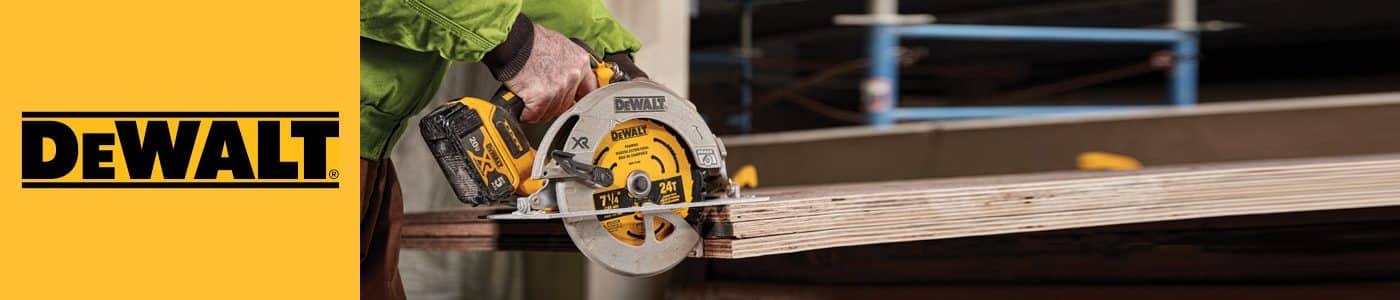 DeWalt cordless circular saw cutting into wooden slab